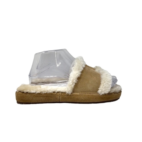 Minnetonka Suede Leather Faux Fur Open Toe Slippers Slides Tan Womens Size 7 - Picture 3 of 9